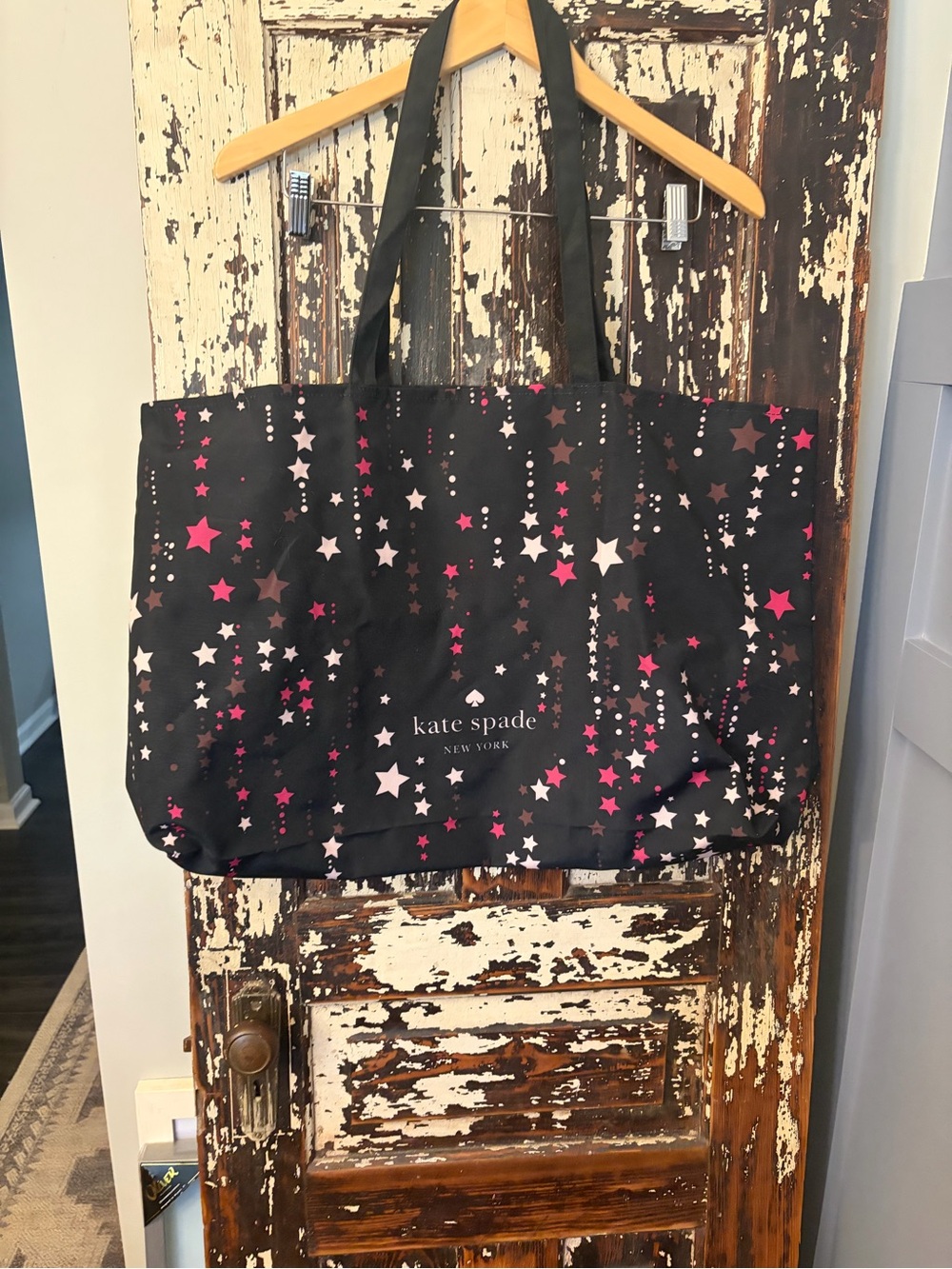 kate spade Black canvas shopper Tote with Pink & White Star Print. NWOT - Picture 4 of 7